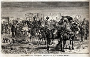 Um passeio a cavalo em Shurakhan (Quirguistão ou Quirguistão). Desenho de Emile Bayard (1837-1891), para ilustrar a viagem à Ásia Central, em 1863, de Arminius Vambery (cientista húngaro disfarçado em dervixe). Gravura em "Le tour du monde", editado por Ed de Unknown artist