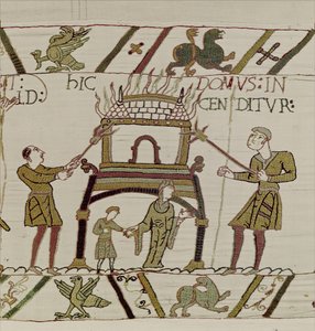 Uma casa é queimada pelos normandos, Bayeux Tapestry (bordado de lã em linho) de Unknown artist