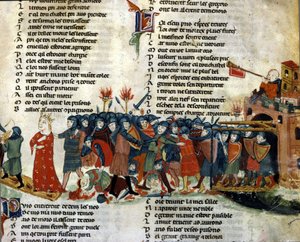 Um rei é feito prisioneiro e levado pelo exército inimigo enquanto as vítimas da batalha jazem no chão. Miniatura do "Roman de Troy" de Benoit de Saint Maure. Século XIV Biblioteca Marciana, Veneza de Unknown artist