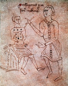 Um neurologista examina o sistema nervoso de um paciente em miniatura do manuscrito "De cirúrgia" do século XIII Veneza Biblioteca Marciana de Unknown artist