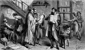 Uma tipografia do século XV, gravura do século XIX. de Unknown artist