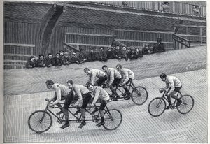 Um ciclista de recordes com os seus treinadores em comboios triplet numa pista de bicicletas. Gravura em "La Nature". de Unknown artist