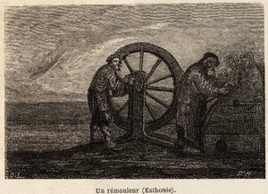 Um removedor na Estónia. Desenho de Henriet, para ilustrar a sua viagem às províncias bálticas russas em 1851-54. Gravura em "Le tour du monde", editado por Edouard Charton de Unknown artist