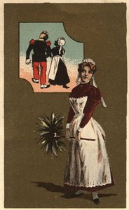 Um criado com uma pena. Ela sonhou com o braço de um soldado bonito. Cromolitografia anónima, no final do século XIX. de Unknown artist