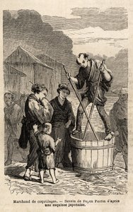 Um comerciante de conchas no meio da rua se levanta em equilíbrio no barril que contém suas mercadorias, que ele reboca com dois longos pauzinhos. Gravura para ilustrar a viagem ao Japão, em 1863-1864, de Aime Humbert, ministro da Confederação Suíça, em "L de Unknown artist