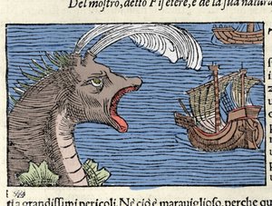 Um cachalote (?) (físico) ataca uma nave. Gravura de Olaus Magnus (1490 - 1557), religioso e geógrafo sueco, "Historia de Gentis Septentrionalibus", Veneza de Unknown artist