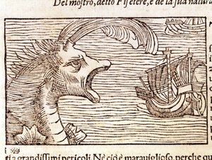 Um cachalote (?) (físico) ataca uma nave. Gravura de Olaus Magnus (1490 - 1557), religioso e geógrafo sueco, "Historia de Gentis Septentrionalibus", Veneza de Unknown artist