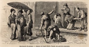 Um negociante itinerante de polvos oferece seus produtos aos transeuntes, na Rua Edo (ou Rua Yedo, agora Tóquio). Gravura para ilustrar a viagem ao Japão, em 1863-1864, de Aime Humbert, ministro da Confederação Suíça, em "Le tour du monde, nouveau journal de Unknown artist
