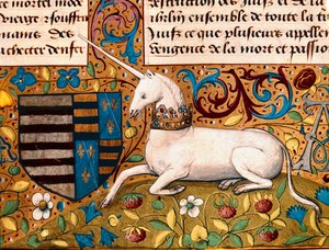 Um unicórnio e um brasão de armas Detalhe de uma página manuscrita do século XV - Chantilly, musee Conde - Unicórnio e brasão de armas - Detalhe de uma miniatura de um manuscrito do século XV - Museu Conde, Chantilly (França) de Unknown artist