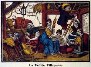 Uma vida noturna de aldeia: uma família de camponeses em um celeiro. Gravura do século XIX. Paris, B.N. de Unknown artist