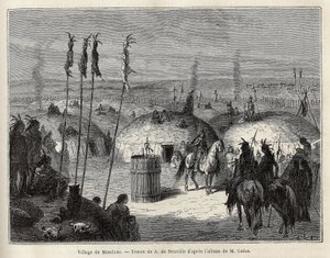 Uma aldeia de índios Mandans (ou noumah ka kie: faisões) na margem esquerda do Missouri, a 600 léguas da cidade de Saint Louis. Gravura para ilustrar uma excursão entre as tribos indígenas das bacias da Colômbia e do Alto Missouri, de G. Catlin, em 1 de Unknown artist