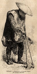 Um trapo andante, usando longos pauzinhos ele agarra os trapos que armazena na sua cesta antes de os vender a um grossista. Gravura para ilustrar a viagem ao Japão, de Aime Humbert, ministro da Confederação Suíça, em 1863-1864, publicada em "le tour du de Unknown artist