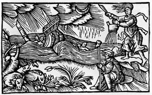 Uma bruxa causa uma tempestade depois de "Historia de gentis nortentrionalibu" s de Olaus Magnus, Roma 1555 de Unknown artist