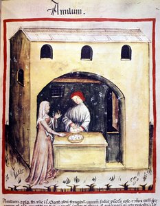 Uma jovem mulher compra ovos a um comerciante. Iluminação a partir da ordenha de medicamentos e dietética "Tacuinum sanitatis". de Unknown artist