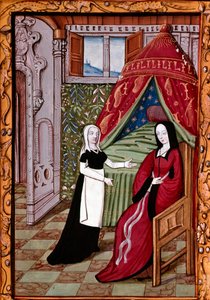 Uma jovem mulher provavelmente Louise Laval (falecida em 1480) no seu quarto com a sua criada miniatura tirada do "Histoire de Jean III de Brush et de sa femme Louise de Laval" (ms. 1475, fol. 10r) Chantilly, musee Conde de Unknown artist