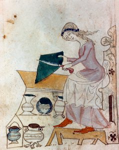 Uma jovem mulher afiando uma faca. Miniatura retirada de um manuscrito provençal do tipo "Dis des philosophes" (MS Palat. 586) Biblioteca Nazionale Florence do século XIV de Unknown artist