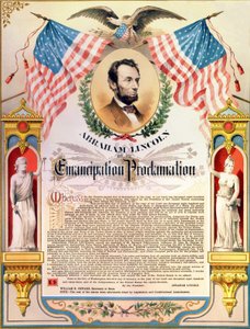 Abraham Lincoln e sua proclamação da Emancipação dos escravos (bandeiras e águia). 22-09-1862. de Unknown artist