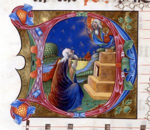 Abraão convidado pelo Senhor a deixar a sua terra. Miniatura de um coro do século XV ("civitatis" de Santo Agostinho). Biblioteca de Lodi de Unknown artist