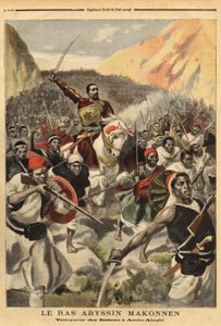 Abyssinian ras Ras Makonnen (Mekonnen Welde Mikael) (Abba Qagnew) (1852-1906), senhor da guerra e braço direito do Imperador Menelik II (1844-1913), com as suas tropas, vencedor de Amba Alaghi, do exército italiano comandado pelo Major Toselli. Gravura em  de Unknown artist