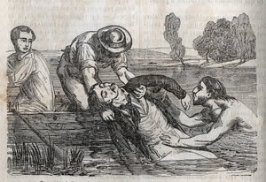 Medicina de acidentes - sobre o alívio mais eficaz a dar aos afogados - para remover um afogado da água, é preciso fazê-lo da forma mais conveniente possível - gravação em "La Sante Universelle - Guide Medical des Families" 1852 de Unknown artist