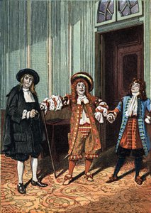 Acto II de "Le Bourgeois Gentilhomme" comedy-ballet em cinco actos em prosa de Moliere. O mestre filósofo (Sr. Lenoir), o mestre da dança (Sr. Truffier), Sr. Jourdain (Sr. Coquelin mais novo). Por volta de 1890. de Unknown artist