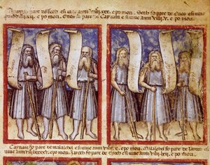 A genealogia de Adão é seguida por Seth, Enoque (Henoch ou Enosh) Kenan, Mahalalel (Mahalaleel) e Jared (ou Yared), os grandes patriarcas da Bíblia Miniatura tirada do códice 212 (ou padovano ou Bíblia de Pádua) 1390-1400 Rovigo, Accademia dei Concordi de Unknown artist