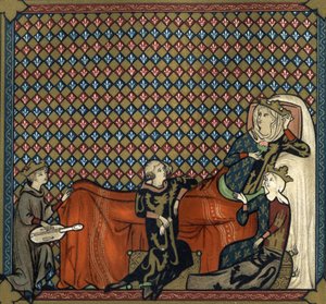 Adenet le Roi (cerca de 1240- cerca de 1300), poeta e menestrel, recita o romance de Cleomades, antes de Mathilde de Brabant (1224-1288) e da Princesa Blanche de Castela (filha de São Luís). Fac-símile em cromolitografia do século XIX, depois de uma miniat de Unknown artist