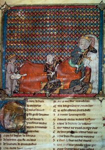 Adenet le Roi (cerca de 1240- cerca de 1300), poeta e menestrel, recita o romance de Cleomades, antes de Mathilde de Brabant (1224-1288) e da Princesa Blanche de Castela (filha de São Luís). Miniatura de uma coleção de poesias francesas de Unknown artist