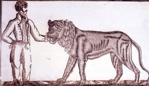 Publicidade para o circo em 1800, retratando um domador colocando a mão na boca de um leão. de Unknown artist