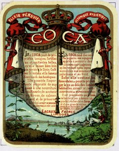 Publicidade da Cocaína (produto extraído da cocaína): "The Peruvian Balsamic Hygienic Exilir COCA", cromolitografia do século XIX. de Unknown artist