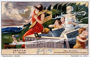Aesculapus morre, explodido por Júpiter, por ressuscitar os mortos - Oxo chromolithography, produzido Liebig de Unknown artist