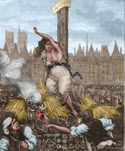 Affaire des Poisons: Catherine Deshayes, esposa Monvoisin e apelidada de La Voisin (1640-1680) foi colocada no açougue, sentada e amarrada com ferro; ela jurou e repeliu a palha - em "Paris a travers les siecles" por Kenouillac de Unknown artist