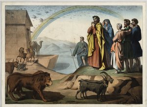 Após a inundação, os animais descem da arca. À direita: Noé, sua esposa, seus três filhos (Shem, Sham e Japhet) e sua esposa. Na parte inferior, o arco-íris (símbolo da ordem da criação conclui entre Noé e Deus). Gravura anônima do de Unknown artist