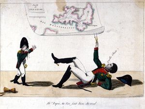 Ah, pai, você se machucou. Desenho animado sobre o exílio de Napoleão Bonaparte na ilha de Elba. de Unknown artist