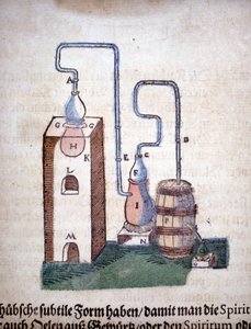 Alquimia: Aparelho para destilação, retirado de um livro de Pietro Andrea Mattioli (Matthiole) (1500-1577). Frankfurt de Unknown artist