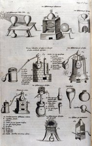 Alquimia: placa representando diferentes modelos de aparelhos de destilação e alambiques. Athanase Kircher (ou Athanasius Kircheri 1602-1680), jesuíta alemão. Gravura do século XVII. de Unknown artist