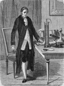 Alexander (Alessandro) Volta construiu, em dezembro de 1799, o motor elétrico (ou bateria). In" Album de la Science", Éditions Jouvet de Unknown artist