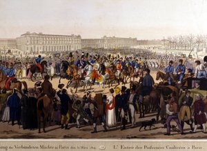 Os aliados entraram em Paris em 31 de Março de 1814 (Rússia Alexandre I, o imperador austríaco Francisco José I e o rei prussiano Frederico Guilherme III). Gravura do século XIX de Unknown artist