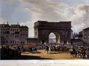 Aliados entraram em Paris em 31 de março de 1814 (Rússia Alexandre I, o imperador austríaco Francisco I e o rei prussiano Frederico Guilherme III.) gravura de 1826 de Unknown artist