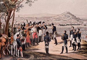 Aliados da Prússia sob Schwartzenberg derrotaram o francês sob Marmont/Mortier (gravura) de Unknown artist