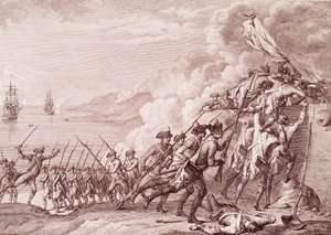 Guerra Revolucionária Americana: A Invasão da Dominica pelo exército francês em 7 de Setembro de 1778 (Gravura de Unknown artist
