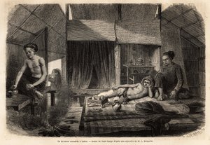 Um interior Annamite em Lakon (Laos),. Gravura para ilustrar a viagem de exploração na Indochina, de Francis Garnier, tenente de Vaissseau, em 1866-1868, publicada em "Le tour du monde" 1870-1871, editada por Edouard Charton, edição Hachette, Pa de Unknown artist
