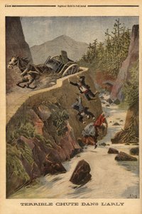 Um acidente com um tanque num banco em Savoie, o veículo capota e os passageiros são precipitados em Arly. Gravação no "Le petit journal" 2/08/1896. Coleção da Selva. de Unknown artist