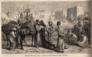 Um contador do Khan, recebe a entrega das cabeças dos inimigos e reféns, mulheres e crianças amarradas à cauda dos cavalos. Desenho de Emile Bayard (1837-1891), para ilustrar a viagem à Ásia Central, em 1863, de Arminius Vambery (cientista húngaro de Unknown artist