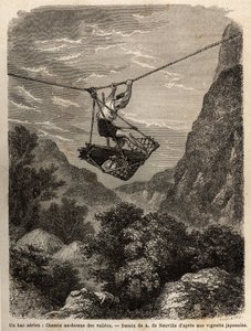 Uma balsa aérea, caminho acima dos valles, uma espécie de cesta de cordas é suspensa de uma corda, para o transporte de homens e materiais, seu deslocamento é feito pela força dos braços, puxando a corda de suspensão. Gravura para ilustrar a viagem ao Japã de Unknown artist