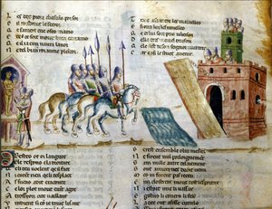 Um exército está a aproximar-se de um castelo. Miniatura do "Roman de Troy" de Benoit de Sainte Maure. Século XIV, Biblioteca Marciana, Veneza de Unknown artist