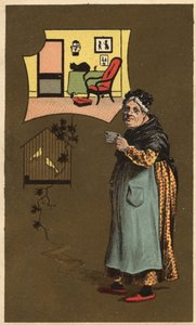 Uma mulher velha segurando uma xícara perto de uma gaiola com pássaros. Uma cromolitografia anónima, do final do século XIX. de Unknown artist