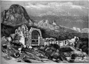 Arquitectura antiga: ruínas do templo romano de Zaghouan (Tunísia). Gravura de Riugel em "The Illustrous World" n°1308 de 22 de Abril de 1882. de Unknown artist