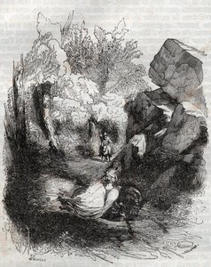 Angelique (Angelica) fugindo do velho ermitão - gravura de 1851 de "Furious Roland" (Orlando furioso) (século XVI) de Ludovico Ariosto, conhecido como Ariosta - Edição traduzida do italiano pelo Conde de Tressan e publicada por Gustave Harvard 1 de Unknown artist