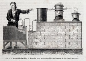 Aparelho de Antoine Laurent de Lavoisier e Meusnier para a decomposição da água por ferro aquecido a vermelho - em "Les wonders de l